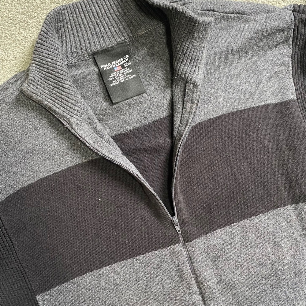 Polo Jeans Co Ralph Lauren Cardigan Mens XXL Gray Black Full Zip Y2k Gorpcore